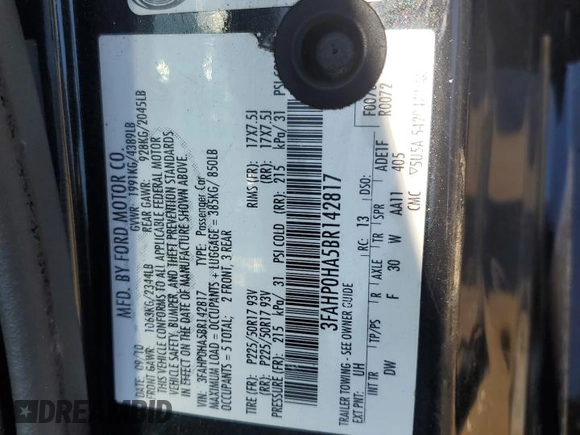 2011 Ford Fusion SE with VIN 3FAHP0HA5BR142817, listed as a Copart auction lot 53614445 with 175,096 mi miles and Salvage Title. Bid and sale history available at DreamBid. Image 12.