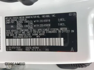 2020 Toyota Highlander L with VIN 5TDCZRAH2LS504191, listed as a Copart auction lot 59492585 with 85,195 mi miles and Salvage title. Bid and sale history available at DreamBid. Image 13.