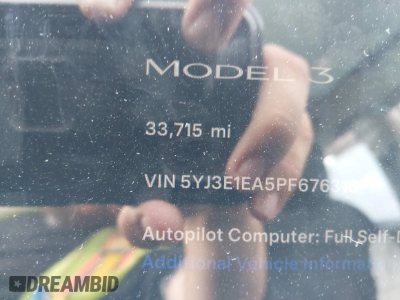 2023 Tesla Model 3 with VIN 5YJ3E1EA5PF676316, listed as a IAAI auction lot 42384765 with 33,715 mi miles and . Bid and sale history available at DreamBid. Image 15.
