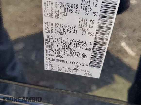 2020 Infiniti QX60 Luxe with VIN 5N1DL0MM0LC507954, listed as a Copart auction lot 62320875 with 79,578 mi miles and Salvage title. Bid and sale history available at DreamBid. Image 14.