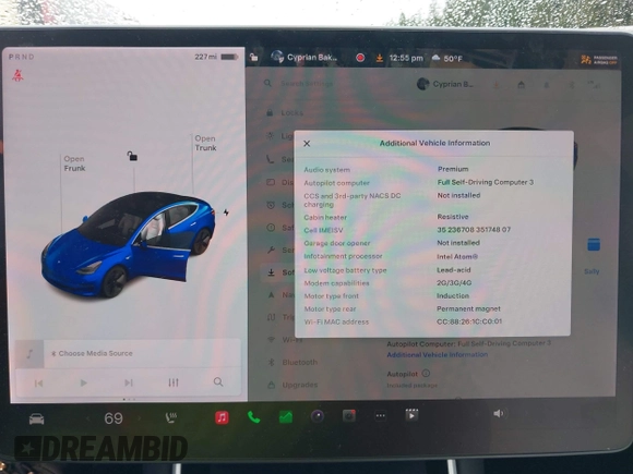2019 Tesla Model 3 Long Range with VIN 5YJ3E1EB8KF512950, listed as a IAAI auction lot 41836349 with 55,607 mi miles and . Bid and sale history available at DreamBid. Image 18.