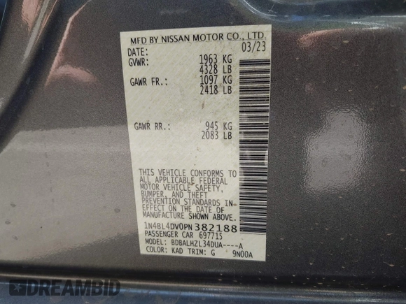 2023 Nissan Altima 2.5 SV with VIN 1N4BL4DV0PN382188, listed as a IAAI auction lot 41692695 with 22,542 mi miles. Bid and sale history available at carsss.com. Image 9.