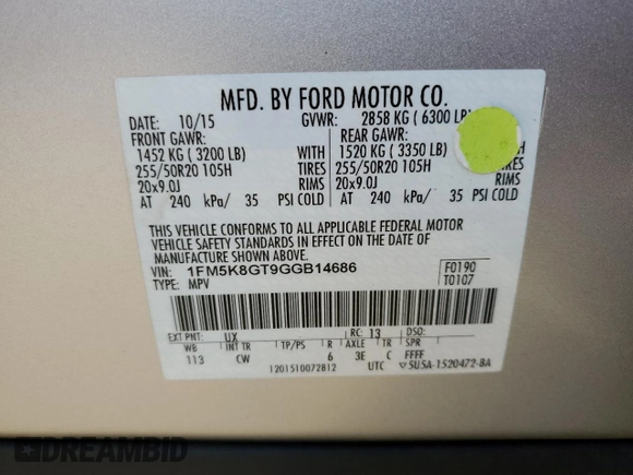 2016 Ford Explorer Sport with VIN 1FM5K8GT9GGB14686, listed as a Copart auction lot 84963664 with 98,751 mi miles and Non Repairable. Bid and sale history available at DreamBid. Image 15.