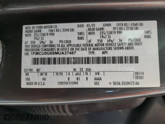 2021 Ford Escape SE with VIN 1FMCU0G69MUA37487, listed as a Copart auction lot 61998435 with 87,810 mi miles and Clean title. Bid and sale history available at DreamBid. Image 13.