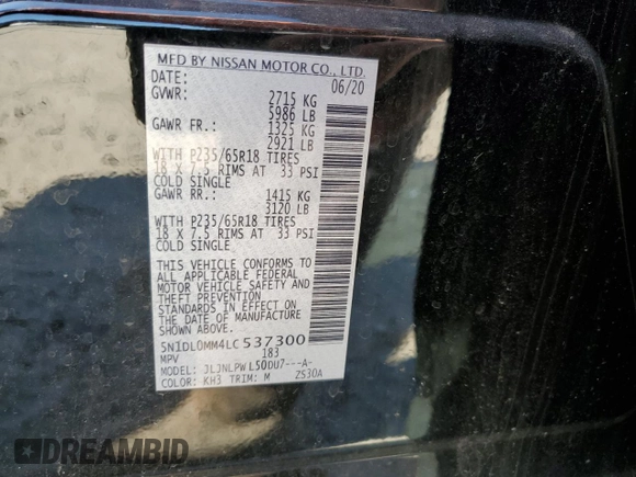 2020 Infiniti QX60 LUXE with VIN 5N1DL0MM4LC537300, listed as a Copart auction lot 49049205 with 57,681 mi miles and Salvage Title. Bid and sale history available at carsss.com. Image 14.