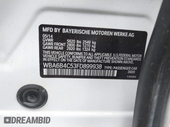 2015 BMW 6 Series 650i xDrive with VIN WBA6B4C53FD899938, listed as a IAAI auction lot 41761114 with 93,015 mi miles and . Bid and sale history available at carsss.com. Image 9.