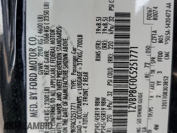 2012 Ford Mustang GT Premium with VIN 1ZVBP8CF0C5251771, listed as a Copart auction lot 50801515 with 104,833 mi miles and Salvage Title. Bid and sale history available at DreamBid. Image 12.