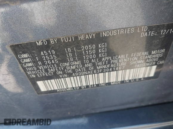 2015 Subaru Legacy Premium with VIN 4S3BNAE63F3041467, listed as a IAAI auction lot 42162855 with 201,576 mi miles and . Bid and sale history available at DreamBid. Image 9.
