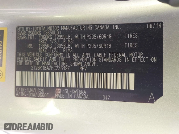 2015 Lexus RX 350 with VIN 2T2BK1BA7FC276197, listed as a IAAI auction lot 42069470 with 89,716 mi miles and . Bid and sale history available at DreamBid. Image 9.