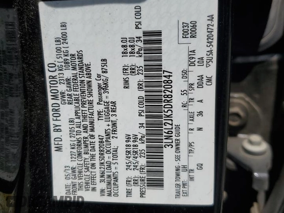 2013 Lincoln MKZ с VIN 3LN6L2JK5DR820847, выставлен на аукционе Copart как лот 62609825 с пробегом 130 936 миль миль и Списание • Salvage title. История ставок и продаж доступна на DreamBid. Изображение 12.