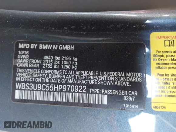 2017 BMW M4 with VIN WBS3U9C55HP970922, listed as a IAAI auction lot 41405271 with 61,953 mi miles. Bid and sale history available at carsss.com. Image 9.