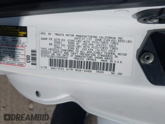 2007 Toyota Tacoma with VIN 5TETX22N17Z468004, listed as a IAAI auction lot 41783937 with 176,052 mi miles and . Bid and sale history available at DreamBid. Image 9.