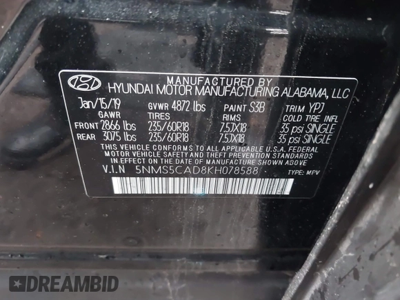 2019 Hyundai Santa Fe Limited with VIN 5NMS5CAD8KH078588, listed as a IAAI auction lot 41767523 with 71,736 mi miles. Bid and sale history available at carsss.com. Image 9.