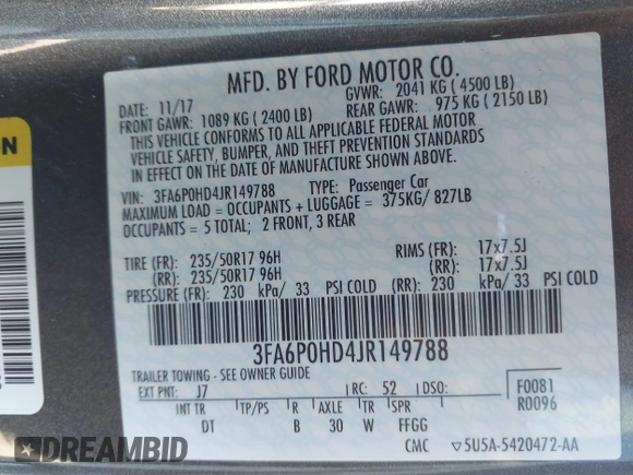 2018 Ford Fusion SE with VIN 3FA6P0HD4JR149788, listed as a IAAI auction lot 41846877 with 57,350 mi miles. Bid and sale history available at carsss.com. Image 9.