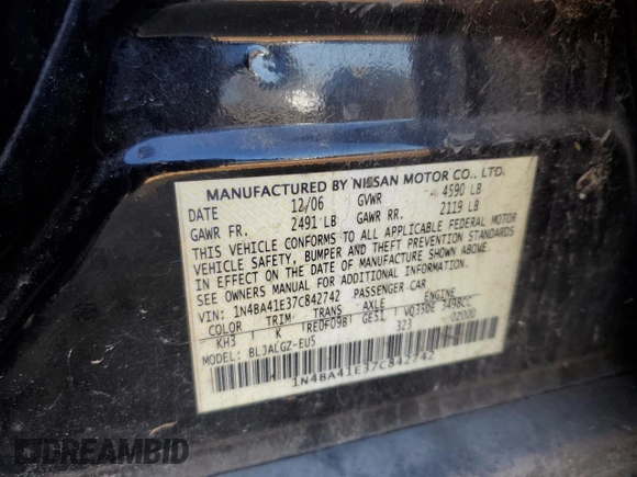 2007 Nissan Maxima 3.5 SL with VIN 1N4BA41E37C842742, listed as a Copart auction lot 88297005 with 201,818 mi miles and Salvage Title. Bid and sale history available at carsss.com. Image 14.