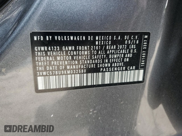 2019 Volkswagen Jetta S with VIN 3VWC57BU9KM032580, listed as a Copart auction lot 58445565 with 117,994 mi miles and Salvage title. Bid and sale history available at DreamBid. Image 12.