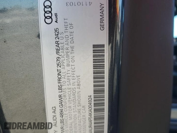 2019 Audi S5 Prestige z VIN WAUR4AF54KA004924, wystawiony jako Copart lot #80794694 z przebiegiem 44 122 mil mil oraz Szkoda całkowita • Salvage title. Historia ofert i sprzedaży dostępna na DreamBid. Obrazek 12.