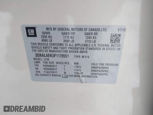 2015 Chevrolet Equinox LS with VIN 2GNALAEK3F1178551, listed as a IAAI auction lot 41300926 with 94,921 mi miles. Bid and sale history available at carsss.com. Image 9.