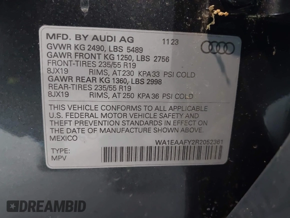2024 Audi Q5 S line Premium Plus with VIN WA1EAAFY2R2052361, listed as a IAAI auction lot 39766650 with 2,181 mi miles and . Bid and sale history available at DreamBid. Image 9.