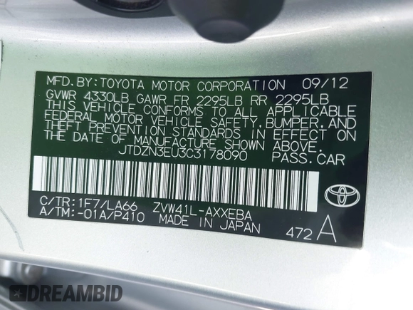 2012 Toyota Prius Two with VIN JTDZN3EU3C3178090, listed as a IAAI auction lot 42195006 with 197,535 mi miles and . Bid and sale history available at DreamBid. Image 9.