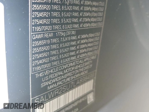 2020 Land Rover Range Rover Sport HSE with VIN SALWR2SU7LA898499, listed as a Copart auction lot 54958835 with 52,703 mi miles and Clean title. Bid and sale history available at DreamBid. Image 14.
