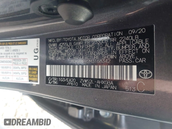2021 Toyota Prius LE with VIN JTDKAMFP2M3168342, listed as a IAAI auction lot 42132946 with 69,628 mi miles and . Bid and sale history available at DreamBid. Image 9.