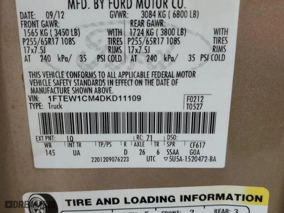 2013 Ford F-150 XL with VIN 1FTEW1CM4DKD11109, listed as a Copart auction lot 74520244 with 194,773 mi miles and Salvage Title. Bid and sale history available at carsss.com. Image 12.