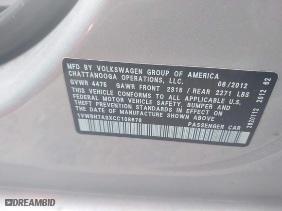 2012 Volkswagen Passat SE with VIN 1VWBH7A3XCC108676, listed as a IAAI auction lot 41897380 with 94,066 mi miles. Bid and sale history available at carsss.com. Image 9.