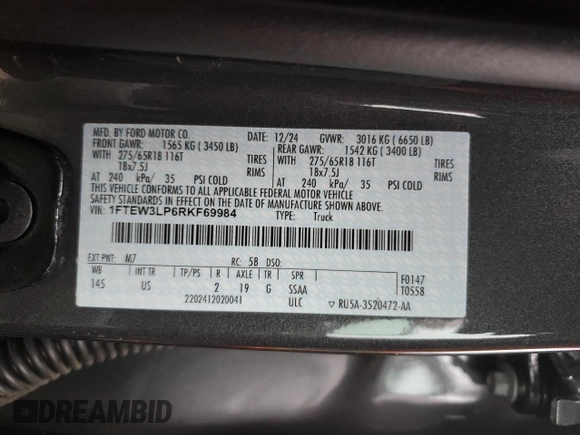 2024 Ford F-150 XLT with VIN 1FTEW3LP6RKF69984, listed as a Copart auction lot 47840155 with 2,188 mi miles and Salvage Title. Bid and sale history available at carsss.com. Image 13.