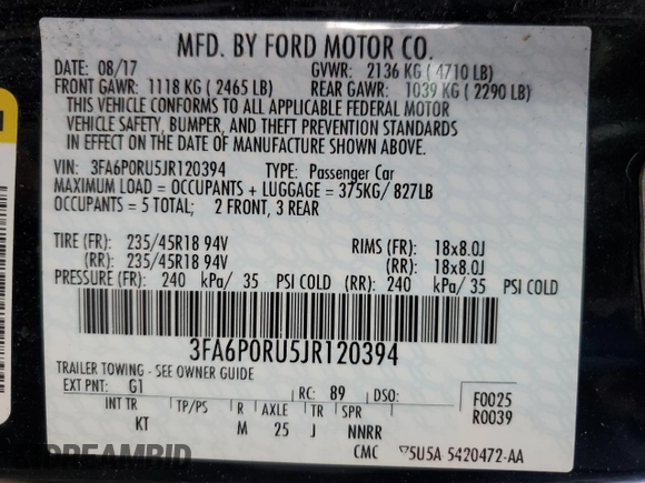 2018 Ford Fusion Titanium with VIN 3FA6P0RU5JR120394, listed as a Copart auction lot 73557602 with 148,870 mi miles and . Bid and sale history available at DreamBid. Image 12.