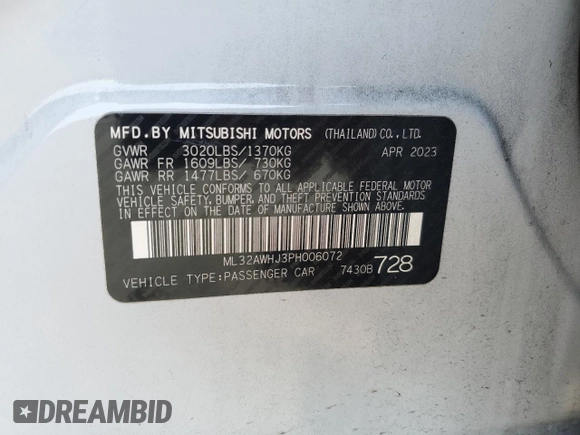2023 Mitsubishi Mirage Black Edition with VIN ML32AWHJ3PH006072, listed as a Copart auction lot 56467745 with 13,735 mi miles and Non repairable. Bid and sale history available at DreamBid. Image 14.