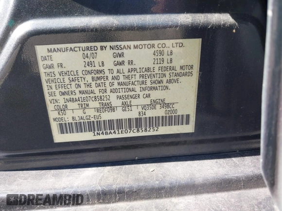 2007 Nissan Maxima SL with VIN 1N4BA41E07C858252, listed as a IAAI auction lot 41441707 with 157,461 mi miles and . Bid and sale history available at DreamBid. Image 9.