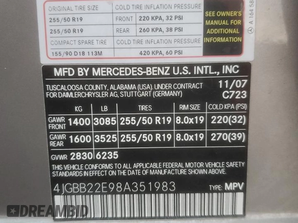 2008 Mercedes-Benz M 320 CDI with VIN 4JGBB22E98A351983, listed as a Copart auction lot 50249995 with 126,162 mi miles and Clean Title. Bid and sale history available at carsss.com. Image 13.