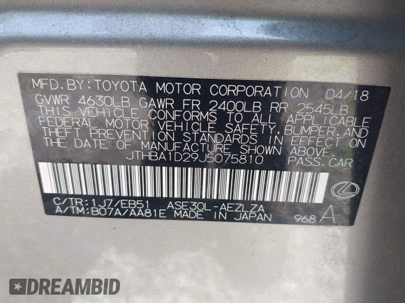 2018 Lexus IS 300 with VIN JTHBA1D29J5075810, listed as a IAAI auction lot 42144220 with 92,540 mi miles and . Bid and sale history available at DreamBid. Image 9.