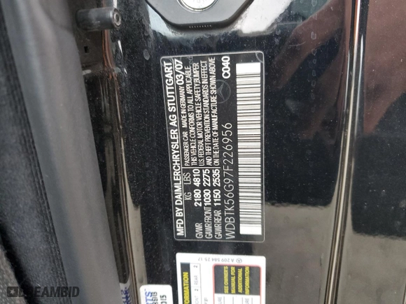 2007 Mercedes-Benz CLK-Class 3.5L with VIN WDBTK56G97F226956, listed as a Copart auction lot 42881345 with 216,014 mi miles and Salvage Title. Bid and sale history available at carsss.com. Image 14.