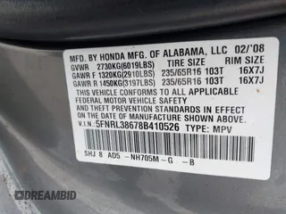 2008 Honda Odyssey EX-L with VIN 5FNRL38678B410526, listed as a IAAI auction lot 42206735 with 185,279 mi miles. Bid and sale history available at carsss.com. Image 9.