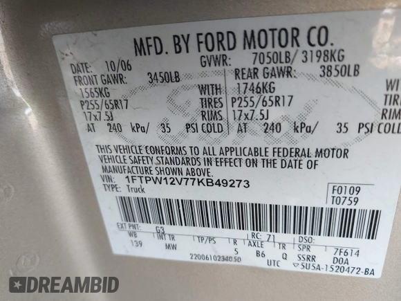 2007 Ford F-150 XLT с VIN 1FTPW12V77KB49273, выставлен на аукционе IAAI как лот 42018197 с пробегом 141 406 миль миль и . История ставок и продаж доступна на DreamBid. Изображение 9.