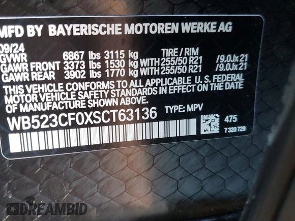 2025 BMW iX xDrive50 with VIN WB523CF0XSCT63136, listed as a Copart auction lot 44538265 with 230 mi miles and Salvage Title. Bid and sale history available at carsss.com. Image 13.