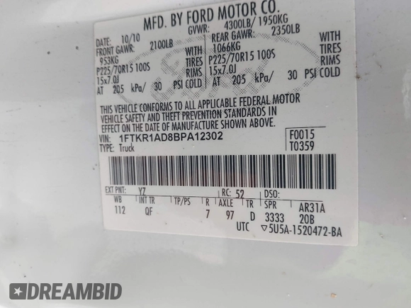 2011 Ford Ranger XL с VIN 1FTKR1AD8BPA12302, выставлен на аукционе IAAI как лот 42597100 с пробегом 254 261 миль миль и . История ставок и продаж доступна на DreamBid. Изображение 9.