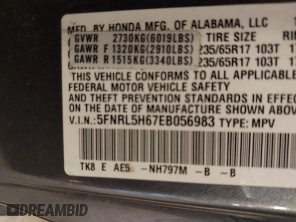 2014 Honda Odyssey EX-L with VIN 5FNRL5H67EB056983, listed as a IAAI auction lot 42318699 with 256,267 mi miles and . Bid and sale history available at DreamBid. Image 9.