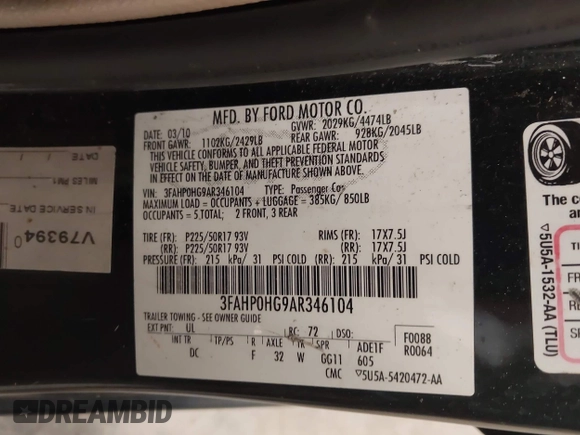2010 Ford Fusion SE with VIN 3FAHP0HG9AR346104, listed as a IAAI auction lot 42826691 with 185,765 mi miles and . Bid and sale history available at DreamBid. Image 9.