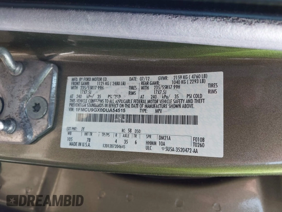 2013 Ford Escape SE with VIN 1FMCU9GX0DUA54515, listed as a IAAI auction lot 42330534 with 113,484 mi miles and . Bid and sale history available at DreamBid. Image 9.