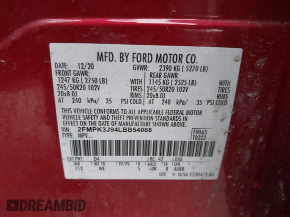 2020 Ford Edge SEL z VIN 2FMPK3J94LBB54068, wystawiony jako IAAI lot #41912225 z przebiegiem 83 528 mil mil oraz . Historia ofert i sprzedaży dostępna na DreamBid. Obrazek 9.