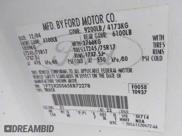 2005 Ford F-250 XL with VIN 1FTSX20565EB72278, listed as a IAAI auction lot 41914899 with 270,975 mi miles and . Bid and sale history available at DreamBid. Image 9.