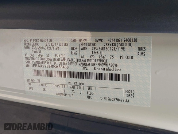 2024 Ford Transit Passenger XL с VIN 1FBAX2Y89RKA83438, выставлен на аукционе IAAI как лот 42670393 с пробегом 29 227 миль миль и . История ставок и продаж доступна на DreamBid. Изображение 9.