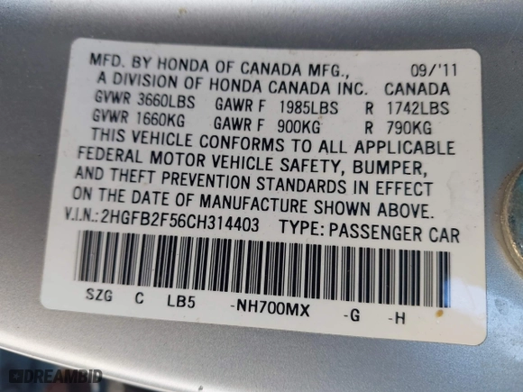 2012 Honda Civic Sdn LX with VIN 2HGFB2F56CH314403, listed as a IAAI auction lot 42079018 with 103,153 mi miles. Bid and sale history available at carsss.com. Image 9.