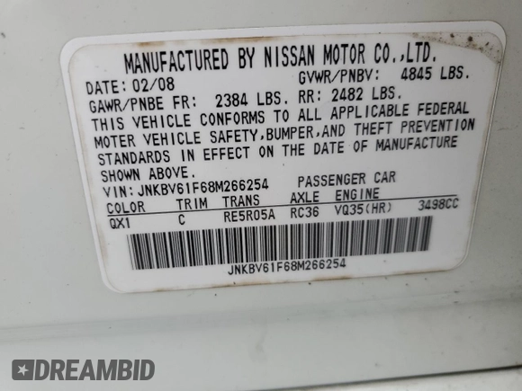 2008 Infiniti G35 x z VIN JNKBV61F68M266254, wystawiony jako Copart lot #57389025 z przebiegiem 165 524 mil mil oraz Szkoda całkowita • Salvage title. Historia ofert i sprzedaży dostępna na DreamBid. Obrazek 12.