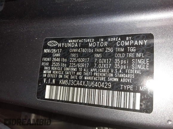 2018 Hyundai Tucson SEL with VIN KM8J3CA4XJU640429, listed as a IAAI auction lot 42063900 with 124,844 mi miles. Bid and sale history available at carsss.com. Image 9.