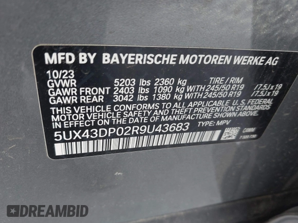 2024 BMW X3 sDrive30i with VIN 5UX43DP02R9U43683, listed as a IAAI auction lot 41934613 with 2,130 mi miles and . Bid and sale history available at DreamBid. Image 9.