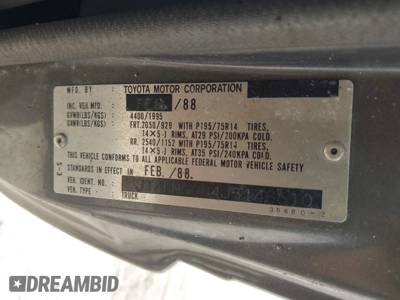 1988 Toyota Pickup with VIN JT4RN50R4J5146510, listed as a IAAI auction lot 42092308 with 288,420 mi miles and . Bid and sale history available at DreamBid. Image 9.